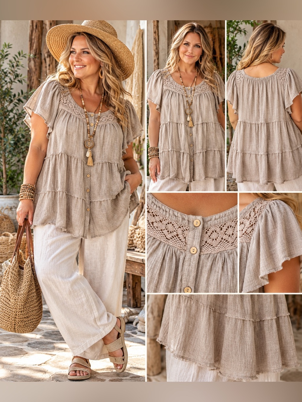 NWT ODDY Boho Tiered Crochet Yoke Button Front Tunic Top Size 1X